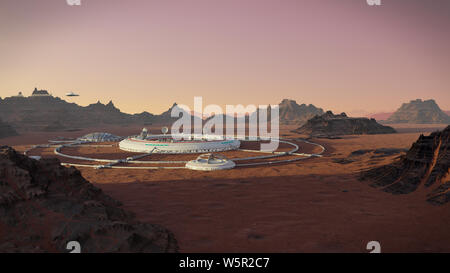 Station auf dem Mars Oberfläche, Kolonie in Wüste Landschaft auf dem Roten Planeten Stockfoto