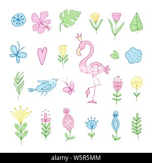 Süße tropische doodles Blätter und Blüten mit flamingoisolated auf weißem Hintergrund. Vector Illustration Stock Vektor