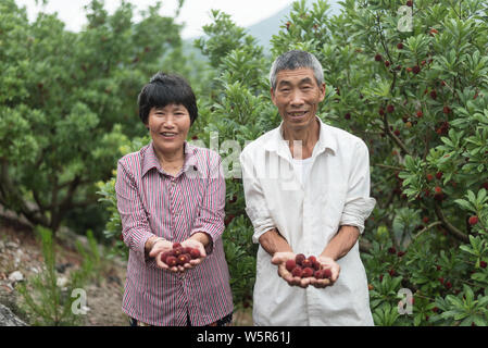 Lokale Knaben helfen Senioren live streaming webcast Ihre lokale Spezialität, Yangmei oder Chinesischen bayberry zu verkaufen, auf Alibaba's e-commerce platfor Stockfoto