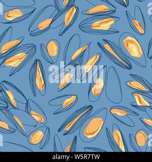 Hand gezeichnet Orange Miesmuscheln in Tanks Skizze Zeichnung nahtlose Muster auf Blau. Gourmand Restaurant Design Stock Vektor