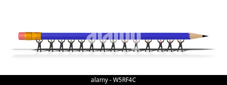 Viele Spielzeug miniatur Geschäftsmann Abbildung Anheben einer blauen Stift, Konzept auf weißem Hintergrund banner isoliert Stockfoto