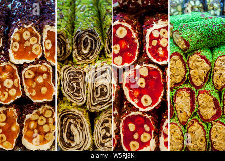 Collage türkische Süßigkeiten bunt Schokoriegel Turkish Delight mit Muttern orientalische Süßigkeiten Stockfoto