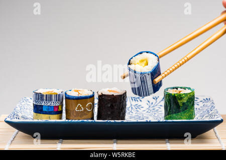 Sushi Wrapped in Plastic, Ocean Verschmutzung konzeptionelle Bild. Kopieren Space Poster. Stockfoto