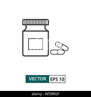 Medizin Flasche und Pille Symbol. Umrisse Stil. Auf weissem Hintergrund. Vector Illustration EPS 10. Stock Vektor