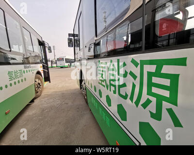 Wasserstoff Brennstoffzellen-busse sind an einer Bushaltestelle in Wuhan City geparkt, die Zentrale China Provinz Hubei, 31. Mai 2019. Weitere 21 mit Wasserstoff betriebene b Stockfoto