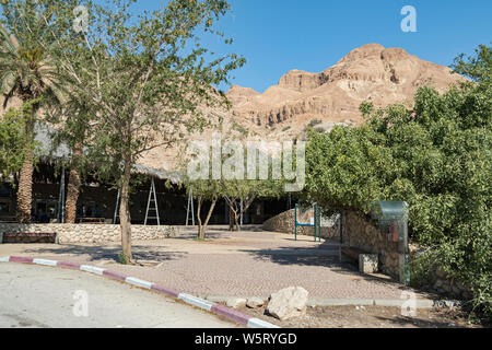 Der Eingang Innenhof in Ein Gedi Nationalpark und finden in Israel mit dem Berg yishai und einem klaren blauen Himmel im Hintergrund Stockfoto