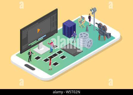 Mobile video Bearbeitung und Produktion auf dem Smartphone mit verschiedenen Satz filme Produktionen mit modernen isometrische Flat Style-Vector Illustration Stockfoto