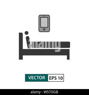 Mann mit Smartphone im Bett Symbol. Auf weissem Hintergrund. Vector Illustration EPS 10. Stock Vektor