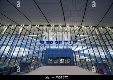 Die Pekinger Daxing International Airport ist durch Lichtprojektionen am Abend in Peking, China, beleuchtet, 27. Juni 2019. Pekinger Daxing Internationale Ai Stockfoto