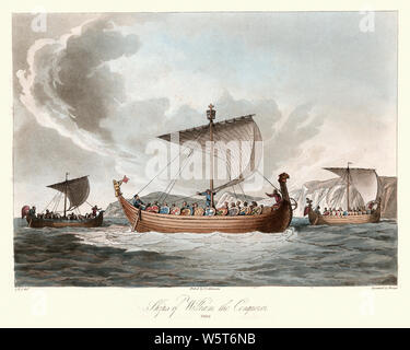 Vintage Gravur der Normannischen Eroberung, Schiffe von William, dem Eroberer, 1066, aus dem 11. Jahrhundert. Antike Kostüme von England, 1813 Stockfoto