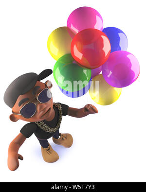 Das gerenderte Bild von einem Cartoon schwarz African American hiphop Rapper mit Luftballons, 3D-Darstellung Stockfoto