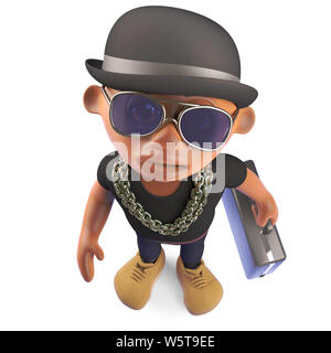 Schwarzer Geschäftsmann hiphop Rapper mit einer Aktentasche und trägt einen Bowler, 3d-Grafik rendern Stockfoto