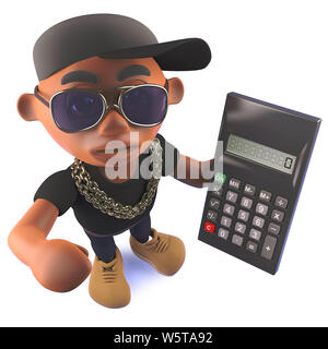 Das gerenderte Bild eines 3D-Cartoon schwarz African American hiphop Rapper eine Holding Taschenrechner Stockfoto