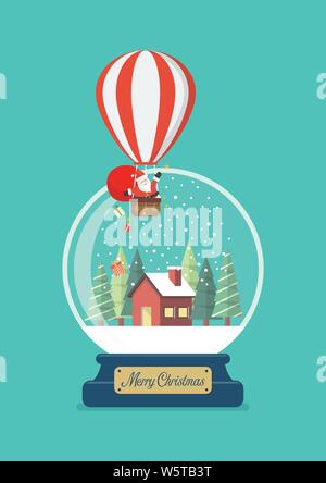 Frohe Weihnachten Glaskugel mit Santa in Ballon und Winter Haus. Vector Illustration Stock Vektor