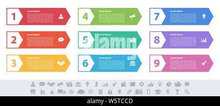 Infografik design Business Konzept Vector Illustration mit 9 Schritte und Optionen oder Prozesse, Arbeitsabläufe oder Schaltplan Stock Vektor