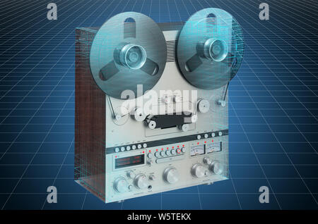 Visualisierung 3D-CAD-Modell von Retro reel-to-reel tape recorder, Blaupause. 3D-Rendering Stockfoto
