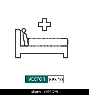 Mann im Krankenhaus bett Symbol. Umrisse Stil. Auf weissem Hintergrund. Vector Illustration EPS 10. Stock Vektor