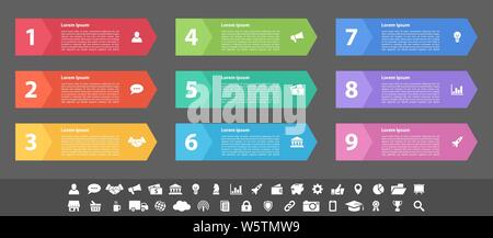 Infografik design Business Konzept Vector Illustration mit 9 Schritte und Optionen oder Prozesse, Arbeitsabläufe oder Schaltplan Stock Vektor