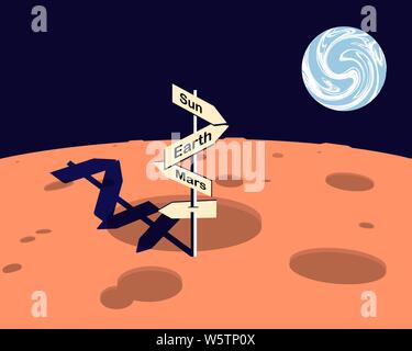 Mond mit Blick auf den Planeten Erde. Auf der Oberfläche des Mondes ein Pointer ist. Vector Illustration Stock Vektor