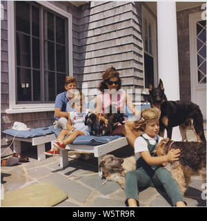 Foto: Kennedy Familie mit Hunden während einem Wochenende in Hyannisport; Umfang und Inhalt: Foto von Präsident John F. Kennedy, John F. Kennedy, Jr., Frau Jacqueline B. Kennedy, Caroline Kennedy mit ihren Hunden an einem Wochenende in Hyannisport. Die Hunde sind Clipper (stehend), Charlie (mit Caroline), Wolf (liegend), Shannon (mit John jr.), zwei von Pushinka's Welpen (mit Frau Kennedy). Foto aufgenommen von Cecil Stoughten. Stockfoto