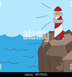 Leuchtturm am Meer oder am Strand cartoon Hintergrund Vector Illustration. Leuchtturm an der Küste des Meeres, Struktur der Leuchtturm an der Küste Stock Vektor