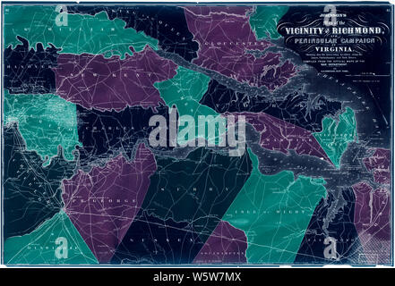Bürgerkrieg Karten 0532 Johnson's Karte der Umgebung von Richmond und die Halbinsel Kampagne in Virginia zeigen auch die interessanten Städte und Gemeinden entlang der James Chickahominy und York Flüsse invertiert Bauen und Reparieren Stockfoto