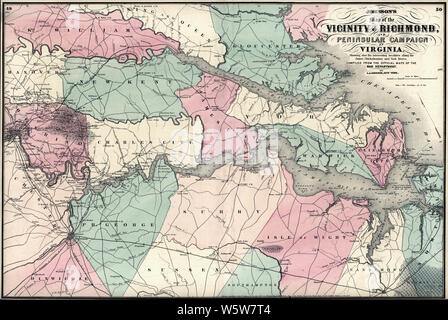 Bürgerkrieg Karten 0531 Johnson's Karte der Umgebung von Richmond und die Halbinsel Kampagne in Virginia zeigen auch die interessanten Städte und Gemeinden entlang der James Chickahominy und York Flüsse Bauen und Reparieren Stockfoto