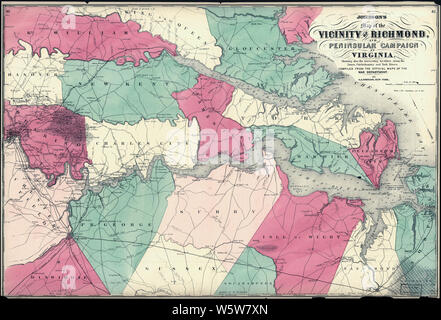 Bürgerkrieg Karten 0532 Johnson's Karte der Umgebung von Richmond und die Halbinsel Kampagne in Virginia zeigen auch die interessanten Städte und Gemeinden entlang der James Chickahominy und York Flüsse Bauen und Reparieren Stockfoto