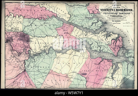 Bürgerkrieg Karten 0533 Johnson's Karte der Umgebung von Richmond und die Halbinsel Kampagne in Virginia zeigen auch die interessanten Städte und Gemeinden entlang der James Chickahominy und York Flüsse Bauen und Reparieren Stockfoto