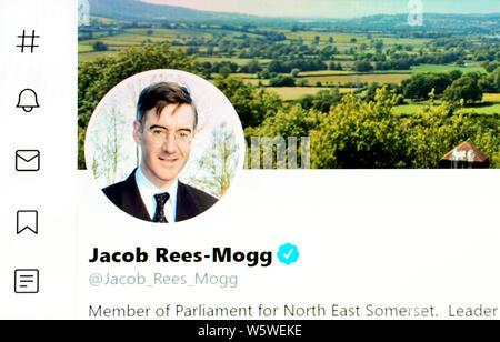 Twitter Seite (Juli 2019) - Jakob Rees-Mogg MP - Herr Präsident des Rates, der Führer des Unterhauses Stockfoto