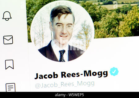 Twitter Seite (Juli 2019) - Jakob Rees-Mogg MP - Herr Präsident des Rates, der Führer des Unterhauses Stockfoto