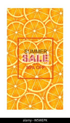 Summer Sale Vorlage Banner, Poster mit Orange in Scheiben geschnitten. Hintergrund für saisonale Rabatte, Vector Illustration. Stock Vektor