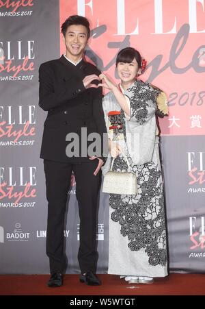 ** TAIWAN AUS ** Pensionierte japanische Tischtennis Spieler Ai Fukuhara, Rechts, und ihre taiwanesischen Tischtennis Spieler mann Chiang Hung-Chieh nehmen an der Elle Stockfoto