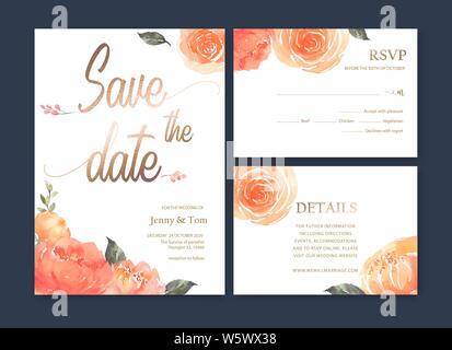 Hochzeit Karte Blumen Aquarell und Einladung, dank Karte Vector Illustration Stock Vektor