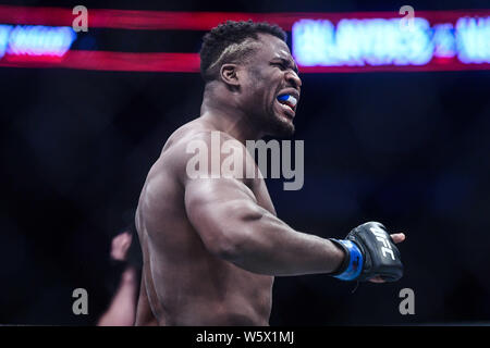 Francis Ngannou von Kamerun und Frankreich (blaue Handschuhe) reagiert gegen Curtis Blaydes von Amerika (rote Handschuhe) während der UFC Nacht in Cadillac Aren Kampf Stockfoto