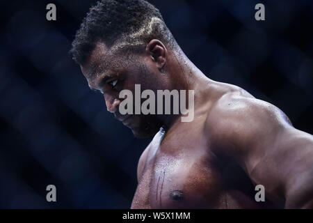 Francis Ngannou von Kamerun und Frankreich (blaue Handschuhe) reagiert gegen Curtis Blaydes von Amerika (rote Handschuhe) während der UFC Nacht in Cadillac Aren Kampf Stockfoto