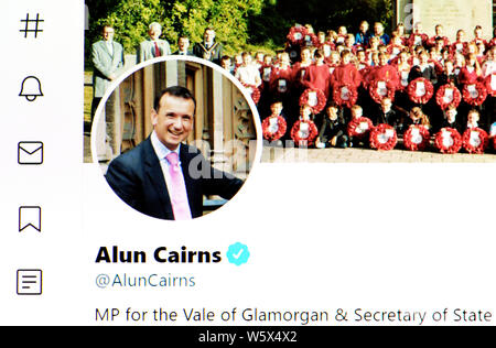 Twitter Seite (Juli 2019) - Rt Hon Alun Cairns MP-Minister für Wales Stockfoto