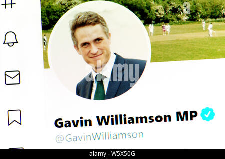 Twitter Seite (Juli 2019) - Rt Hon Gavin Williamson MP-Minister für Bildung Stockfoto