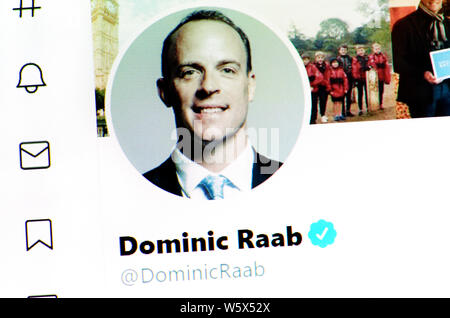 Twitter Seite (Juli 2019) - Rt Hon Dominic Raab MP-Staatssekretär für Auswärtige und Commonwealth-Angelegenheiten und Erster Sekretär der Staatlichen Stockfoto