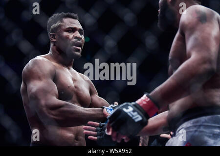 Francis Ngannou von Kamerun und Frankreich (blaue Handschuhe) reagiert gegen Curtis Blaydes von Amerika (rote Handschuhe) während der UFC Nacht in Cadillac Aren Kampf Stockfoto