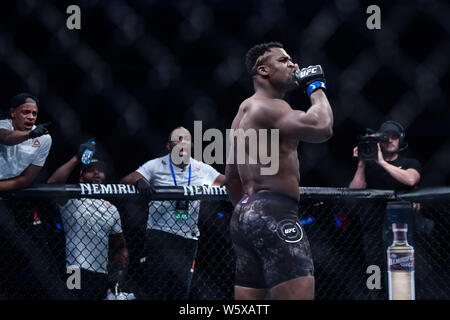 Francis Ngannou von Kamerun und Frankreich (blaue Handschuhe) reagiert gegen Curtis Blaydes von Amerika (rote Handschuhe) während der UFC Nacht in Cadillac Aren Kampf Stockfoto