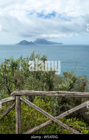 Blick auf das Mittelmeer mit Holzzaun und Capri-Insel im Hintergrund, Sorrento, Neapel, Italien Stockfoto
