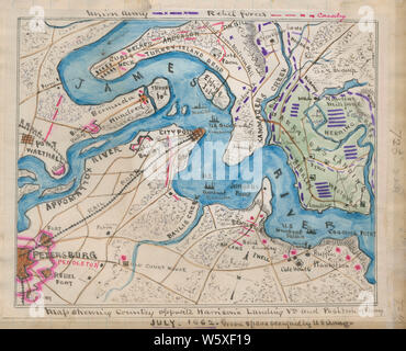 Bürgerkrieg Karten 1035 Karte erweist sic Land gegenüber Harrison's Landing Va und die Position der US-Armee aufzubauen und Reparatur Stockfoto