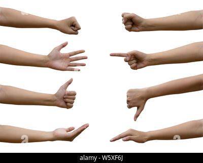 Eine mehrere asiatische Frau Geste auf weißem Hintergrund. Inklusive Freistellungspfaden. Seitenansicht der weiblichen Hand. Stockfoto