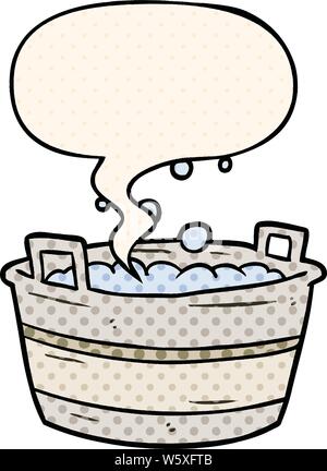 Cartoon alte Zinn Badewanne voll Wasser mit Sprechblasen im Comic Stil Stock Vektor