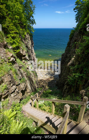Steile Treppen, die Strand von Torre Ovn, Helligdomsklipperne, in der Nähe von Gudhjem, Bornholm, Ostsee, Dänemark, Europa zu Kiesel Stockfoto