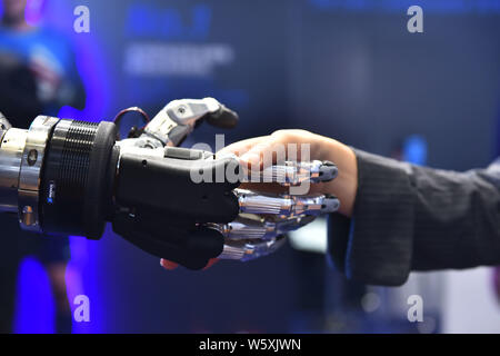 Ein Besucher schüttelt Hände mit einem Schunk 5-Finger greifen Hand für Serviceroboter entwickelt, während der ersten China International Import Expo (CIIE 2018) Stockfoto