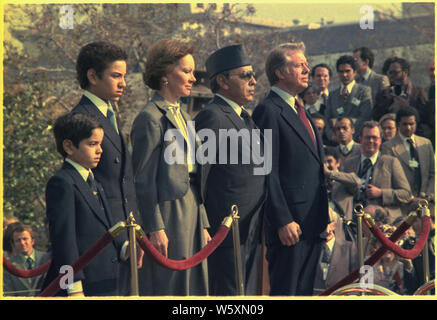 Rosalynn Carter, König Hassan II. und Jimmy Carter während der begrüßungszeremonie für den König von Marokko. Stockfoto