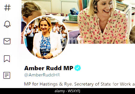 Twitter Seite (Juli 2019) - Rt Hon Amber Rudd MP-Minister für Arbeit und Altersversorgung und Ministerin für Frauen, Gleichstellungsfragen Stockfoto