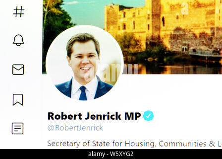 Twitter Seite (Juli 2019) - Robert Jenrick MP-Staatssekretär für Wohnungswesen, Gemeinschaften und lokale Regierung Stockfoto